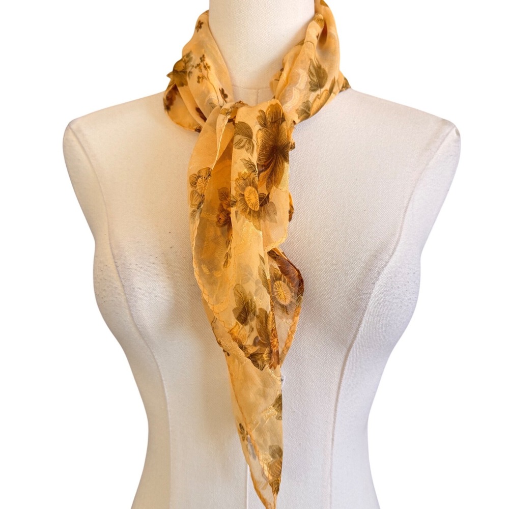 Vintage Xiyayi Floral Sheer Square Scarf Yellow Gold Brown Botanical Accessory